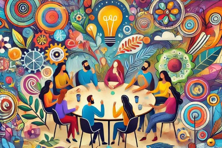 Grupo a partilhar ideias e atividades numa mesa redonda
